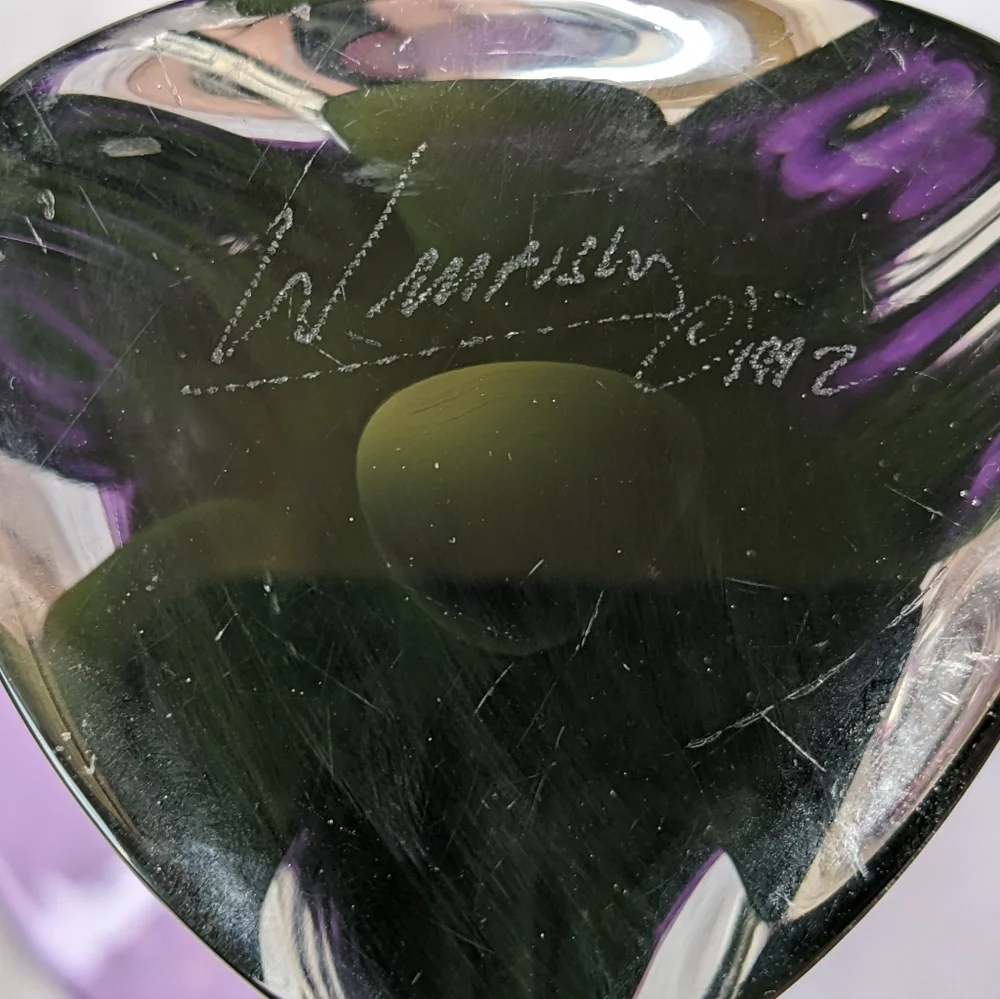 Jonathan Winfisky 1992 Signed Hand Blown Purple Art Glass Trumpet Vase Vintage